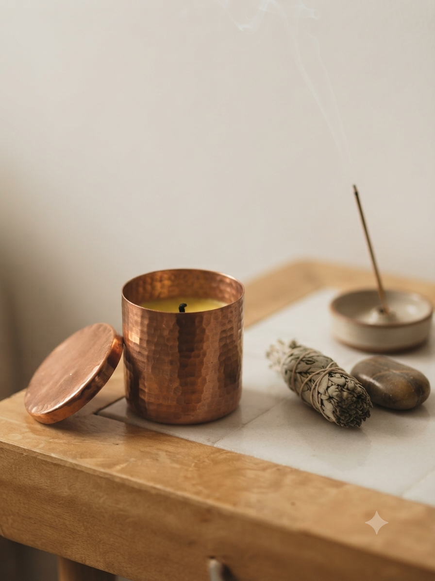 Vela Aromática de Vainilla en Recipiente de Cobre Martillado con Tapa